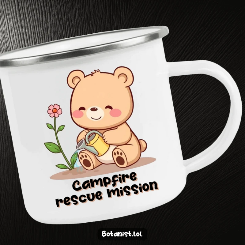 Funny camping mug featuring a bear watering a plant, ideal for outdoor use and a humorous gift.
