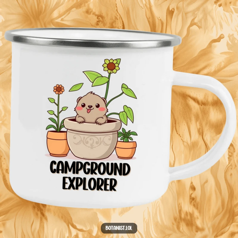 Funny cheerful mole camping mug, peeking from a giant plant, a durable and humorous outdoor companion.
