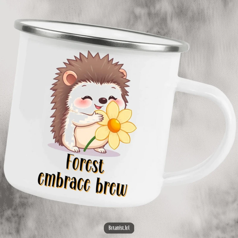Funny camping mug featuring a happy hedgehog gently hugging a flower, for outdoor enjoyment.