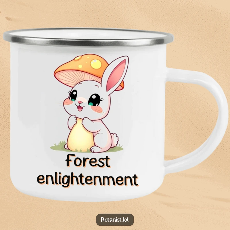 Funny happy rabbit with wide eyes, marveling at a towering, glowing mushroom, designed for adventure on a camping mug.