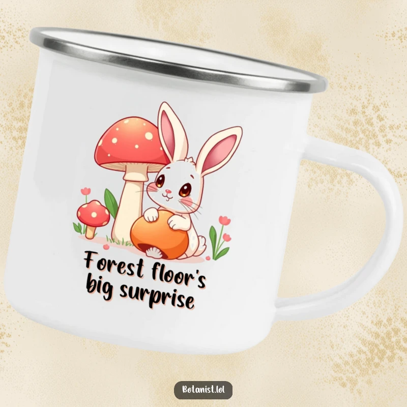 Funny camping mug featuring a rabbit admiring a mushroom, ideal for outdoor use and a humorous gift.
