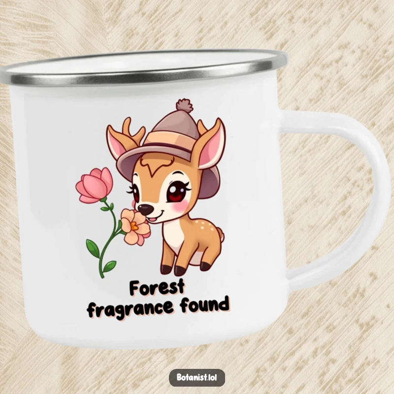 Funny camping mug featuring a happy deer wearing a hat, sniffing a vibrant bloom, perfect for enjoying drinks in nature with a touch of humor.