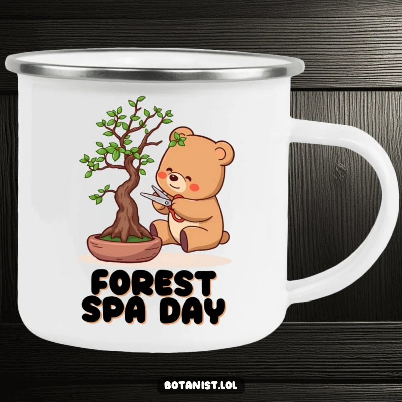 Funny camping mug featuring a bear carefully pruning a bonsai tree with tiny scissors, perfect for outdoor enthusiasts with a sense of humor.