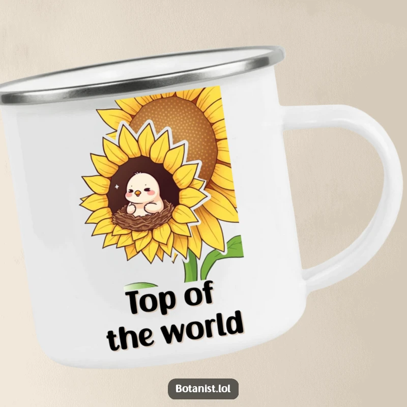 Funny camping mug featuring a small bird looking pleased and cozy, nesting in a giant sunflower, bringing serene humor to outdoor moments.