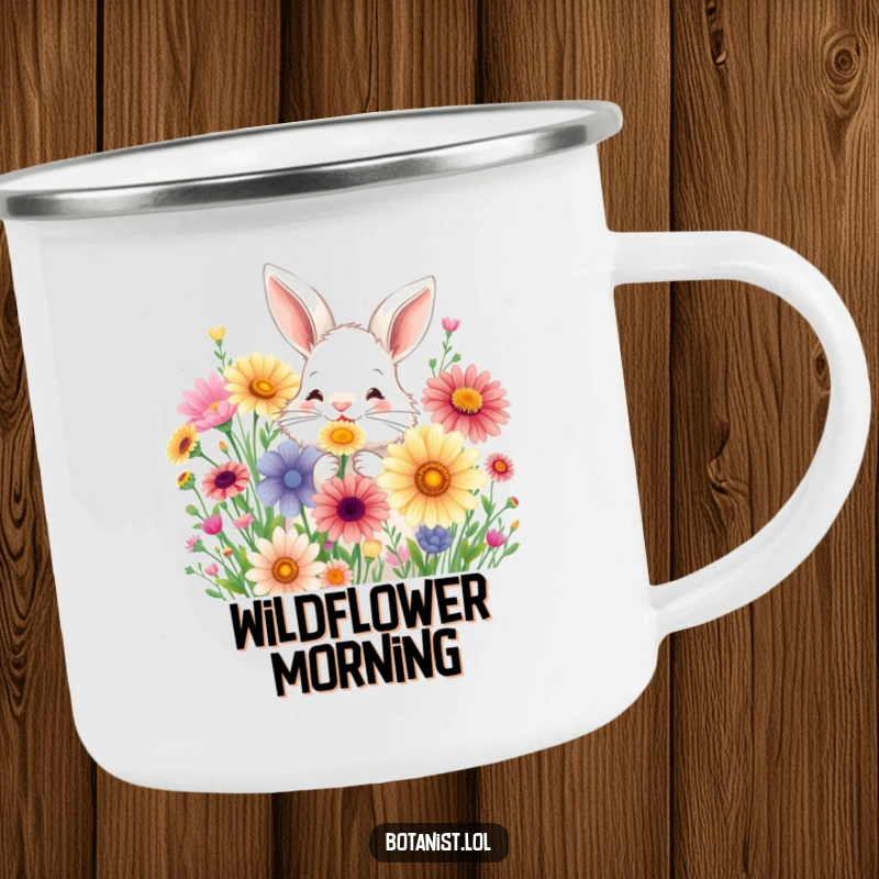 Funny camping mug with a fluffy bunny joyfully sniffing a bouquet of oversized, colorful wildflowers.