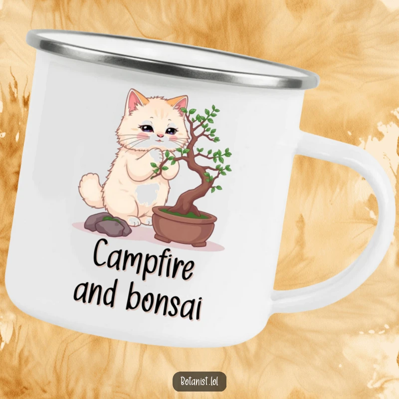 Funny camping mug showing a fluffy cat meticulously pruning a small bonsai tree, perfect for quiet moments.
