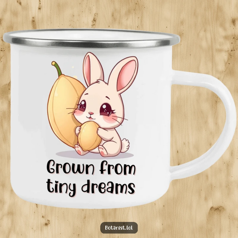 Funny camping mug: A rugged mug showing a curious rabbit mesmerized by a massive seed, ready for adventure. Ideal funny gift for outdoorsy folks.