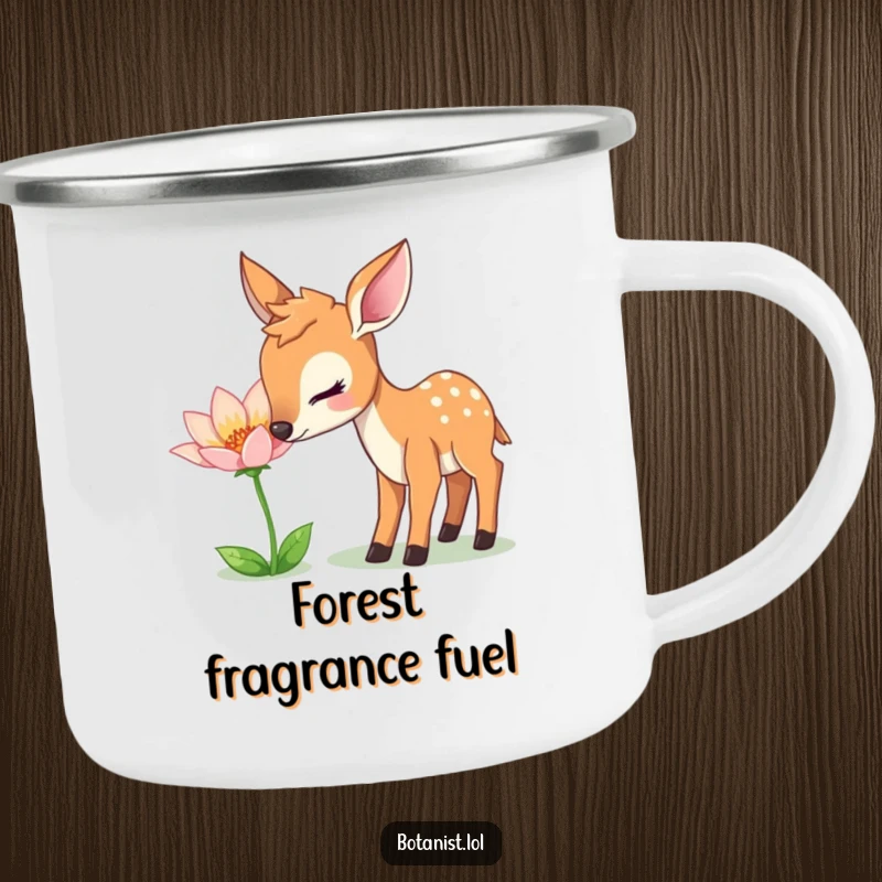 Funny Camping Mug: A gentle deer curiously sniffs a shimmering flower, an ideal companion for nature explorers.