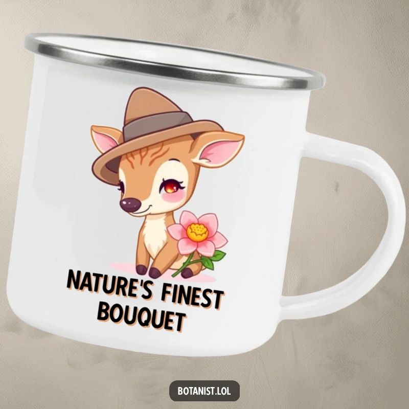 Funny deer wearing a hat, sniffing a vibrant flower, designed for this sturdy and whimsical camping mug.