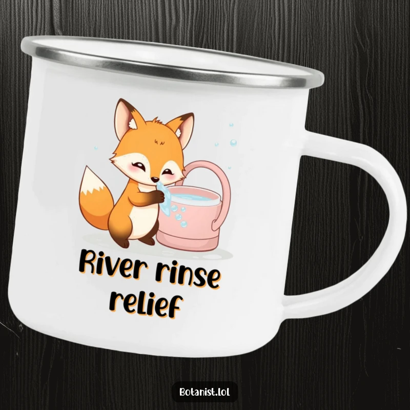 Funny curious fox camping mug, dipping paw into bubbly water, a durable and humorous outdoor companion.