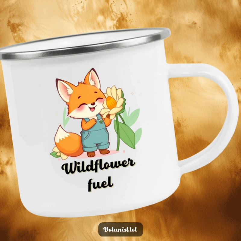 Funny fox gardener camping mug with a cute fox in overalls gazing at a huge flower, perfect for outdoor use.