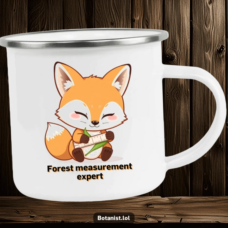Funny camping mug, a determined fox meticulously measuring a leaf with a tiny ruler, perfect for outdoor use.