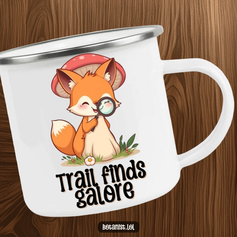 Funny camping mug showing a smiling fox examining a giant mushroom with a magnifying glass, ideal for nature explorers.