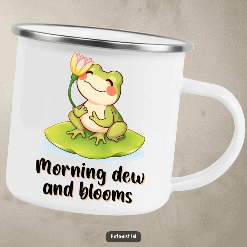 Funny camping mug showing a happy frog on a lily pad admiring a bloom, perfect for outdoor enjoyment.
