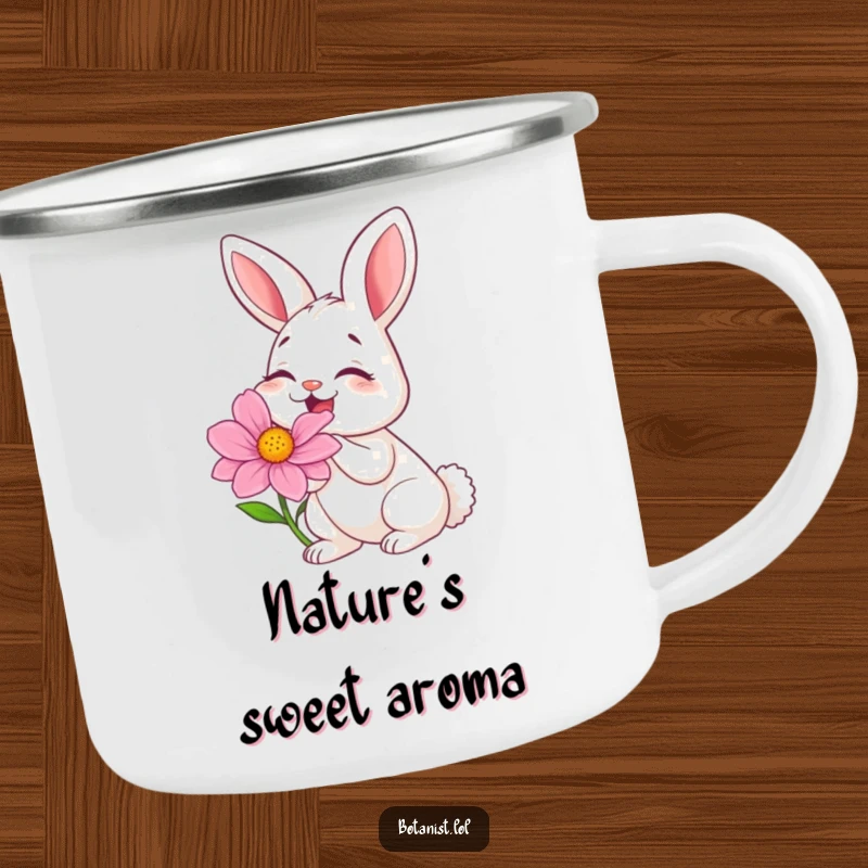 Funny camping mug showing a bunny erupting in giggles while smelling a large, beautiful flower, ready for adventure.
