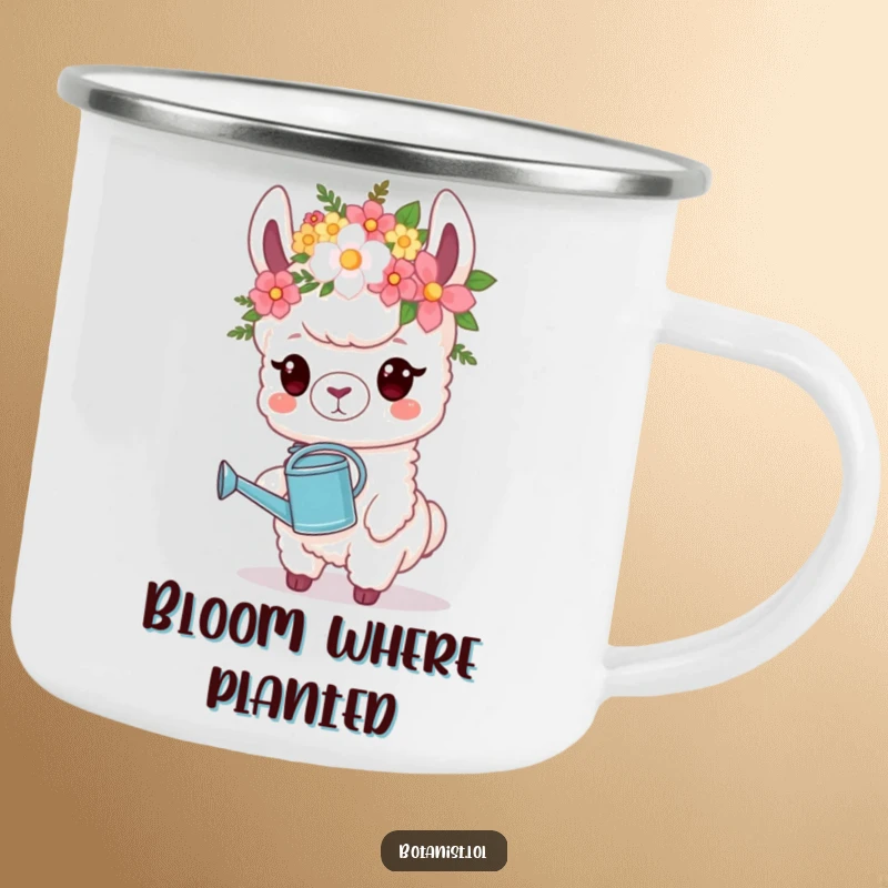 Funny Camping Mug: A proud llama with a flower crown holds a watering can, ideal for outdoor floral enthusiasts.