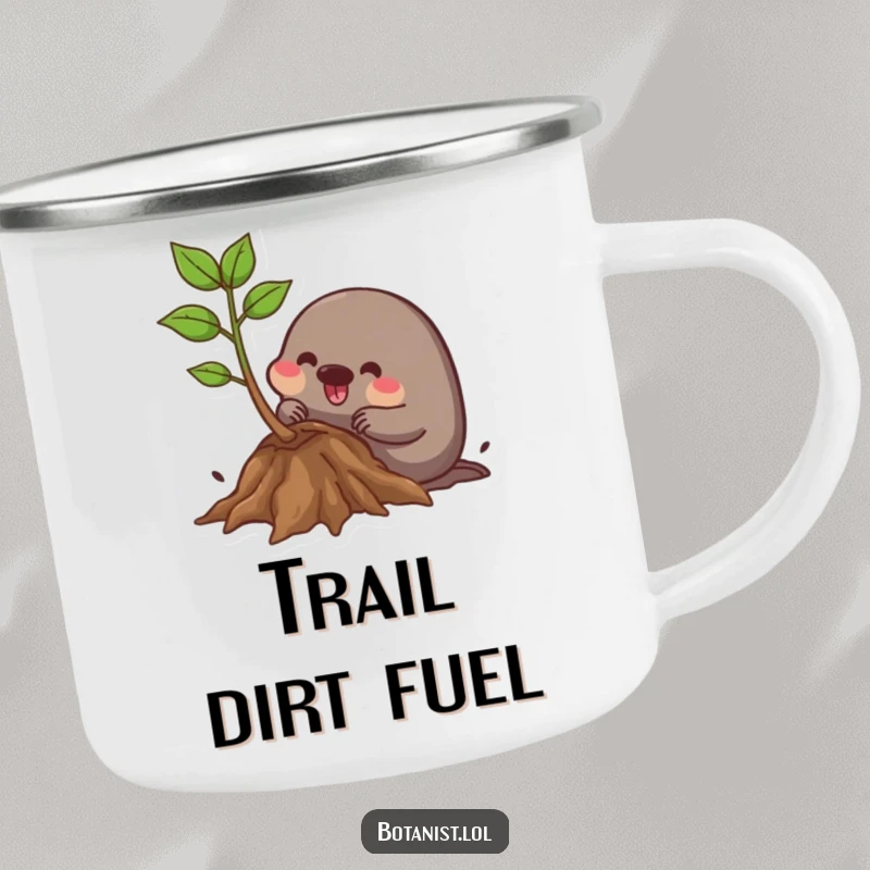 Funny Camping Mug: A happy mole digs contentedly around plant roots, a durable and amusing outdoor companion.