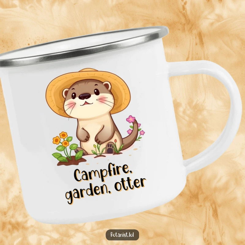 Funny camping mug showing a playful otter in a sunhat tending a garden, perfect for outdoor enjoyment.