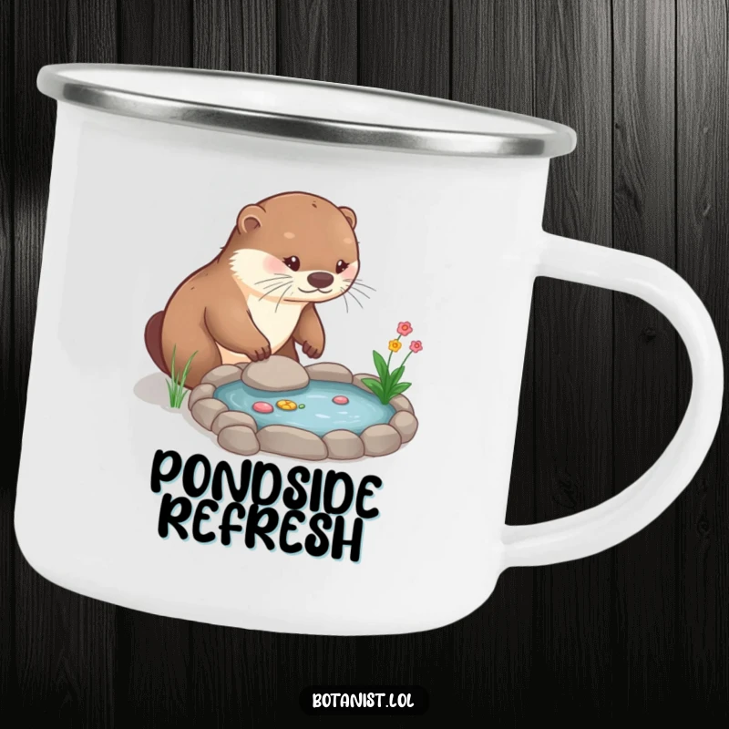 Funny Camping Mug: A playful otter diligently cares for a miniature garden pond, perfect for outdoor enthusiasts.