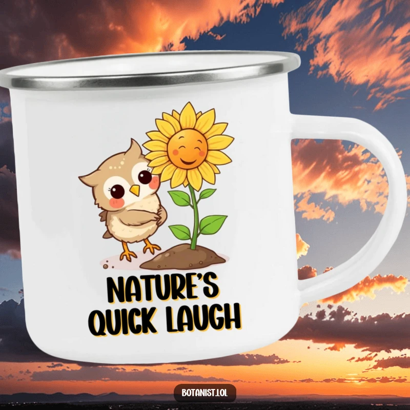 Funny Owl plants a seed that sprouts a laughing sunflower, perfect for this rugged and humorous camping mug.