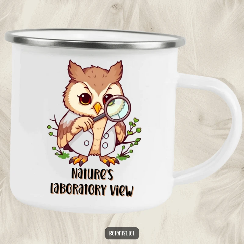 Funny camping mug, a curious owl in a lab coat examining moss with a magnifying glass, perfect for outdoor use.