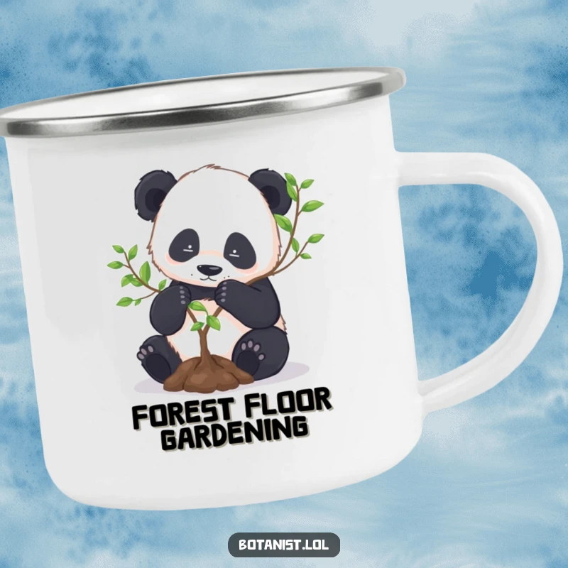 Funny Panda Camping Mug: A focused panda repots a small tree, perfect for enjoying the outdoors with a dose of zen.