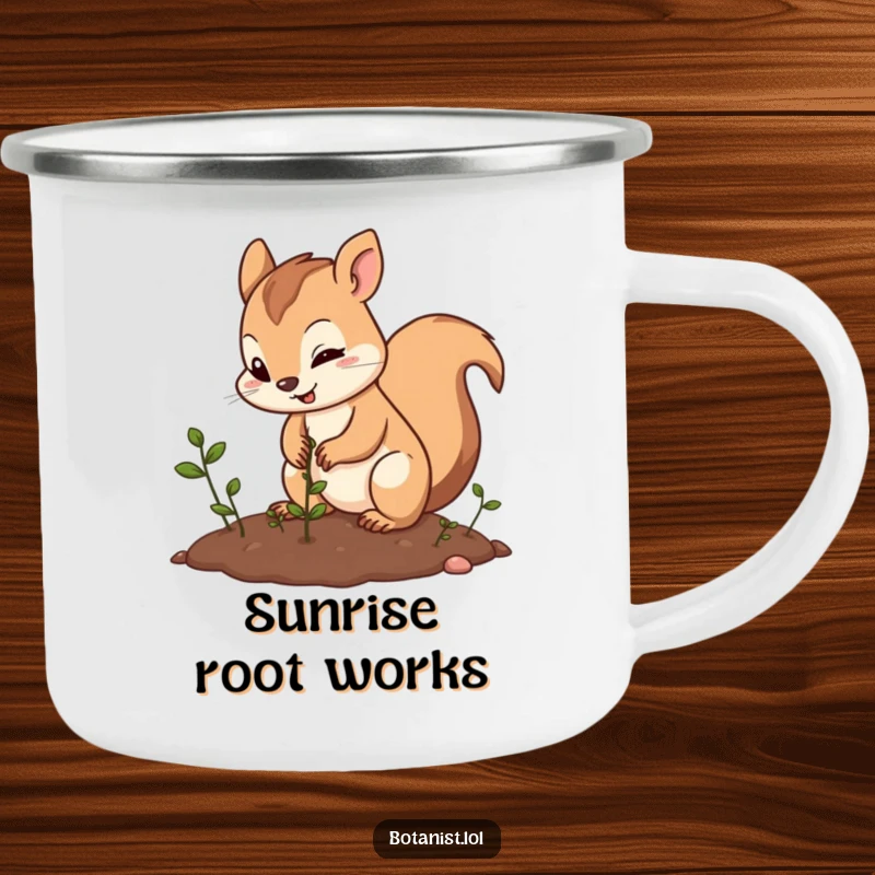 Funny squirrel planting camp mug, showing a determined squirrel planting seeds, perfect for outdoor drinks and humorous moments.