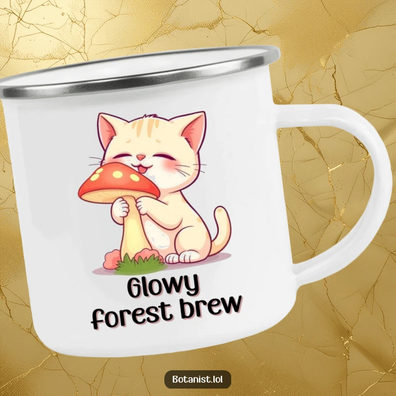 Funny camping mug with a giggling cat gently touching a vibrant, glowing mushroom with curiosity.