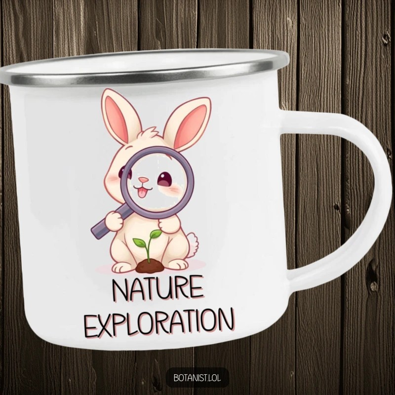 Funny rabbit camping mug featuring a smiling rabbit with a magnifying glass over a tiny sprout, built for observation and enjoyment.