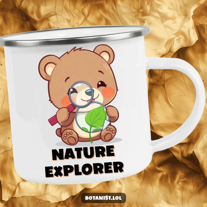 Funny cheerful bear cub with a magnifying glass, examining a tiny, sentient leaf, designed for adventure on a camping mug.