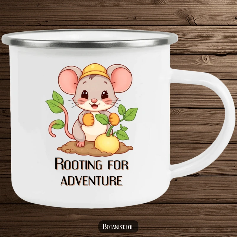 Funny Mouse Camping Mug showing a happy mouse in gardening gloves planting a giant seed, designed for outdoor enthusiasts.