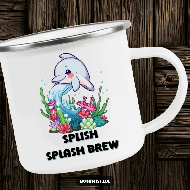 Funny Dolphin Camping Mug showing a playful dolphin splashing water onto aquatic plants, designed for outdoor enthusiasts.