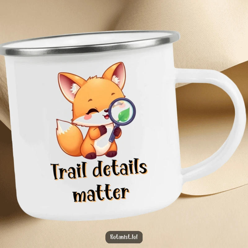 Funny joyful fox cub with a magnifying glass on a leaf, a humorous camping mug for adventurers. Ideal gift.