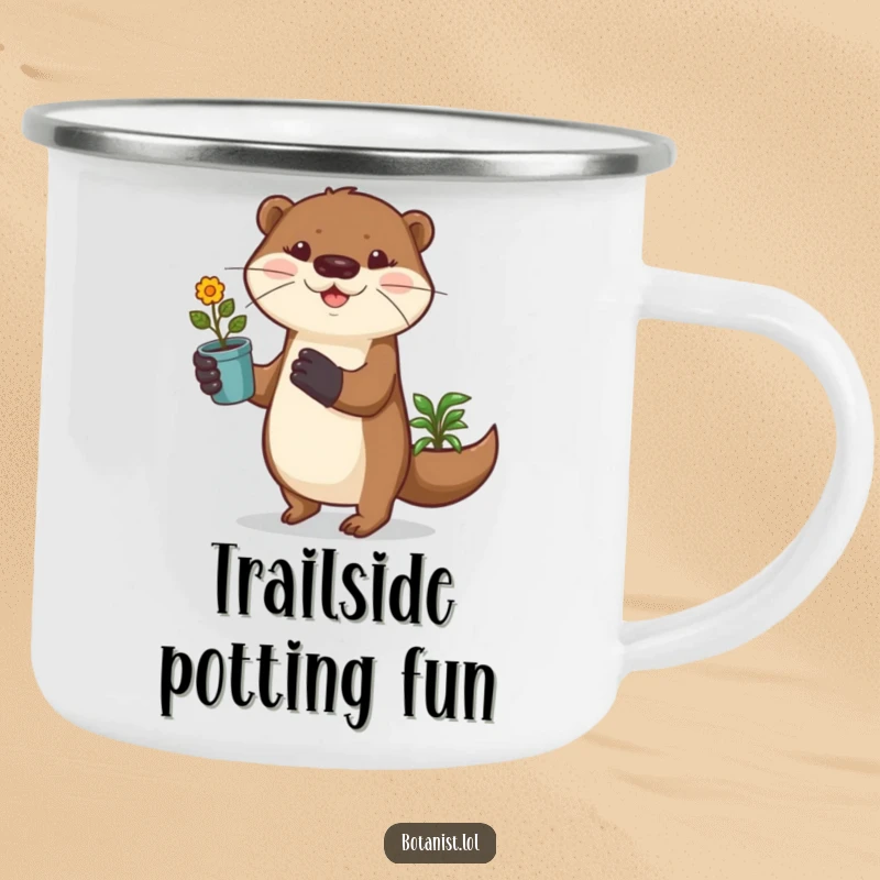 Funny otter wearing gardening gloves prances with a potted plant, perfect for this durable and humorous camping mug.