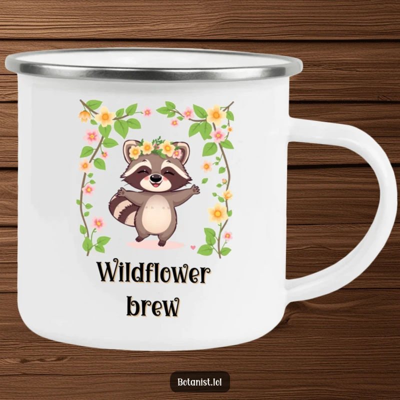 Funny raccoon camping mug with a giggling raccoon wearing a flower crown and dancing among blooming vines, designed for festive outdoor fun.