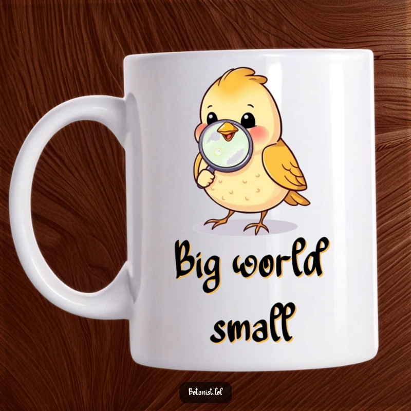 Funny happy bird inspecting a dewdrop with a magnifying glass, showcasing focused curiosity and wonder.