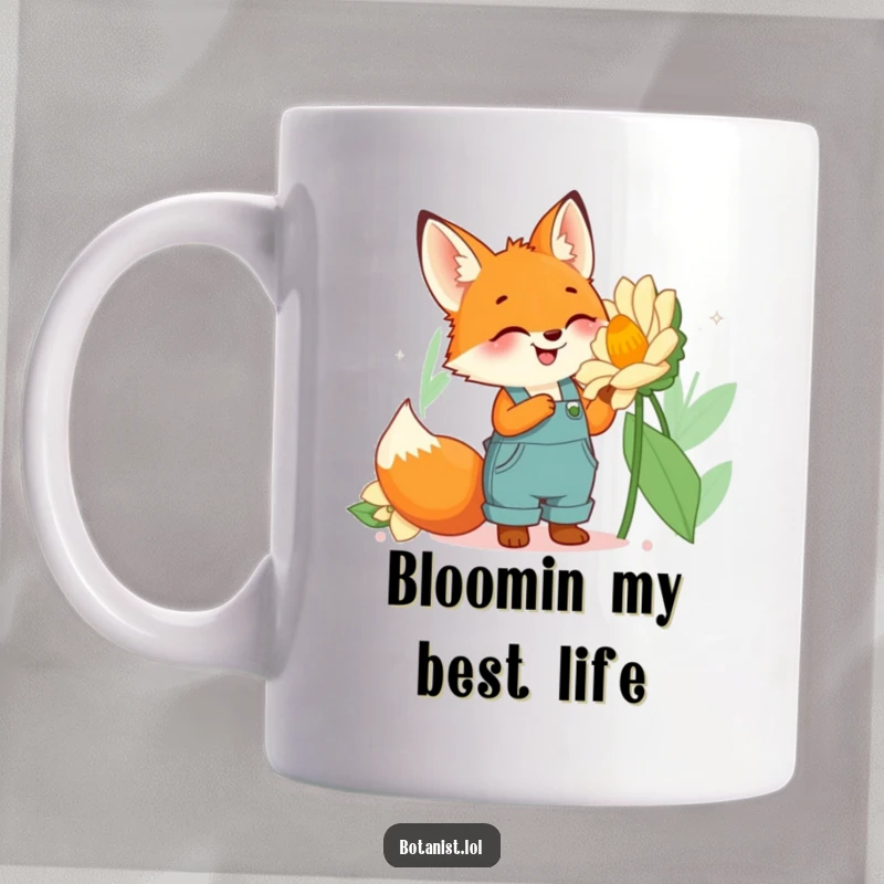 Funny fox gardener mug with a cute fox in overalls excitedly examining a huge, colorful flower, radiating joy.