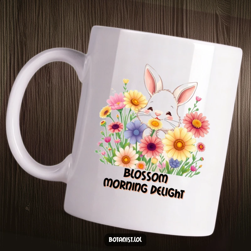Funny mug with a fluffy bunny joyfully sniffing a bouquet of oversized, colorful wildflowers.