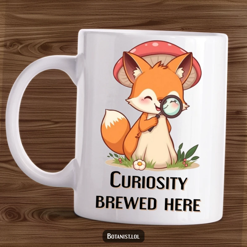 Funny mug showing a smiling fox intently examining a giant mushroom with a magnifying glass.