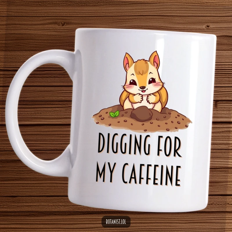 Funny squirrel gardener mug with a curious squirrel wearing gloves, enthusiastically digging into dark soil.
