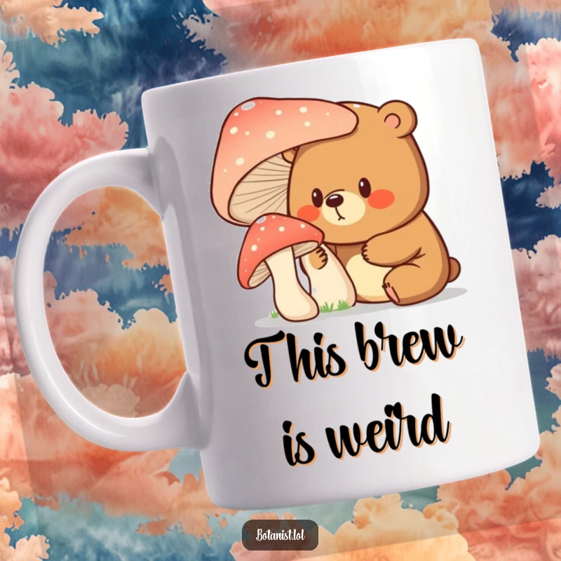 Funny bear with a surprised and curious expression examining a giant mushroom on this humorous mug.