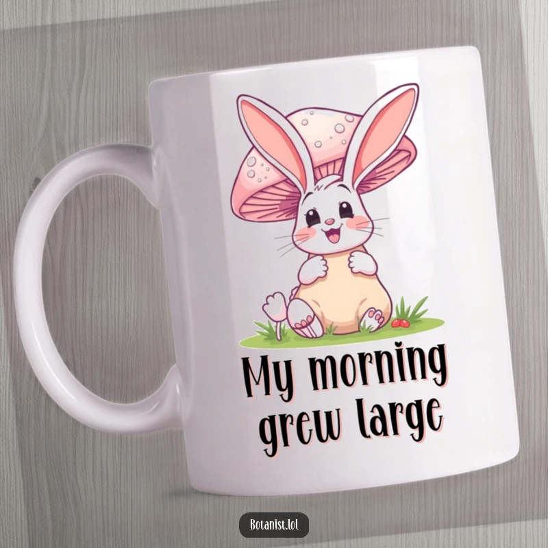 Funny mug showing a delighted bunny gasping in awe at a giant, colorful mushroom in the forest.