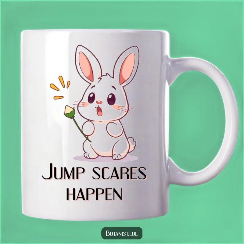 Funny Bunny Startled Mug: Surprised Bunny Reacting to Popping Seed Pod, Great Gift