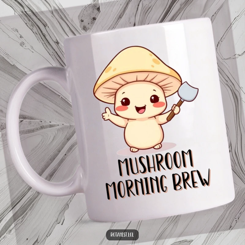 Funny mug illustration of a cheerful mushroom wearing a hat, waving a tiny trowel with a friendly expression.