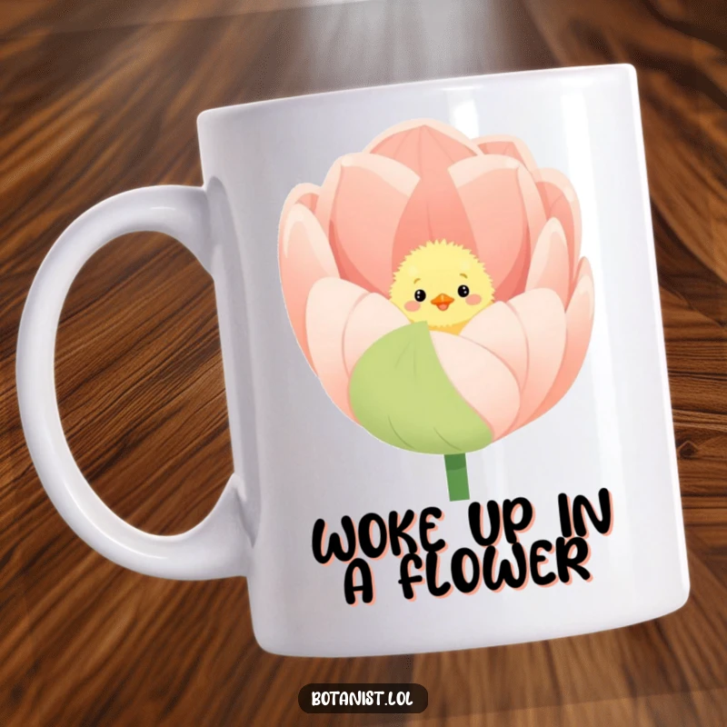 Funny mug illustration of a fluffy chick peeking out from inside a giant, beautifully blooming tulip.