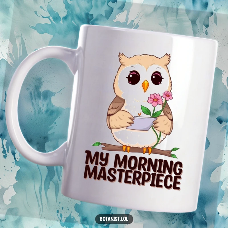 Funny mug with a curious owl artist sketching a rare blooming plant in a small notepad, showcasing its incredible focus and passion.