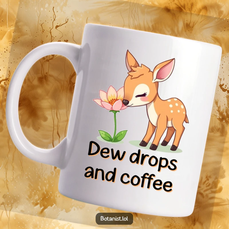 Funny Mug: A gentle deer curiously sniffs a unique, shimmering flower, showcasing a moment of natural wonder.