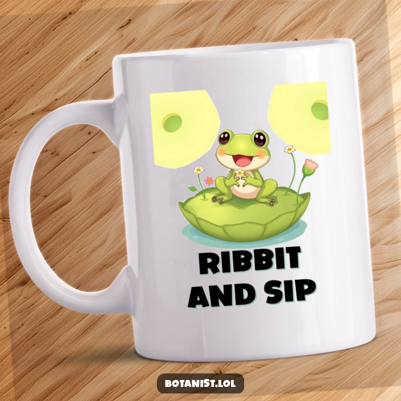 Funny mug depicting a delighted frog sitting majestically on a giant lily pad, inspecting tiny flowers with happy contentment.