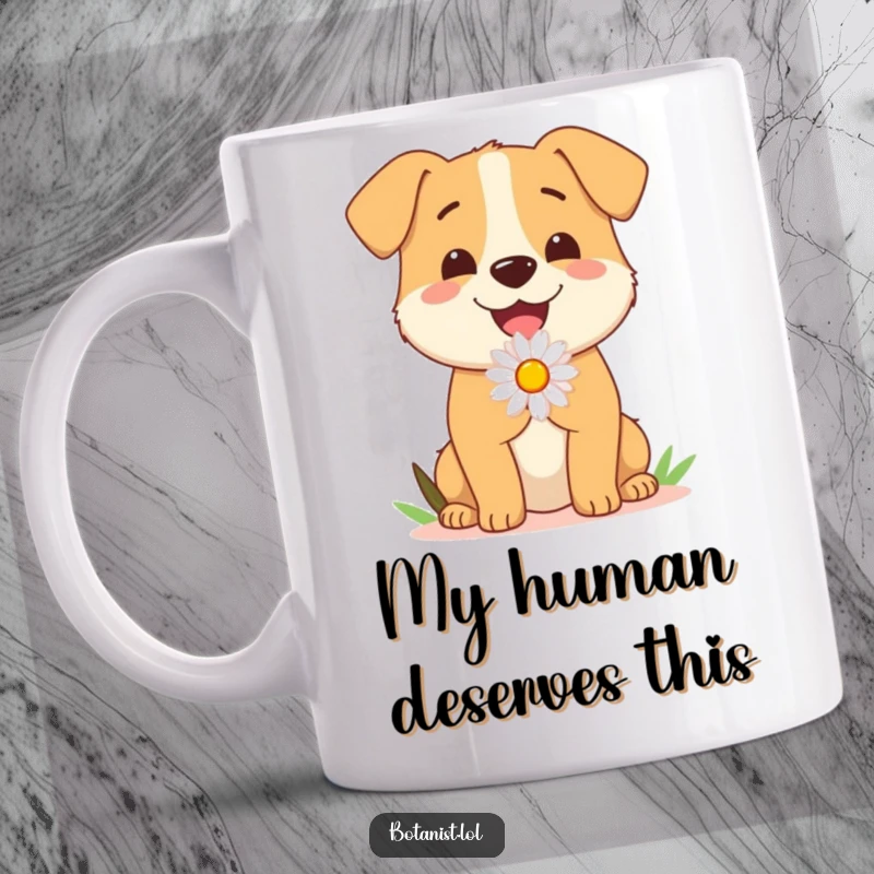 Funny Dog Mug: A joyous golden retriever proudly presents a single daisy with a hopeful wag, symbolizing pure love and happiness.