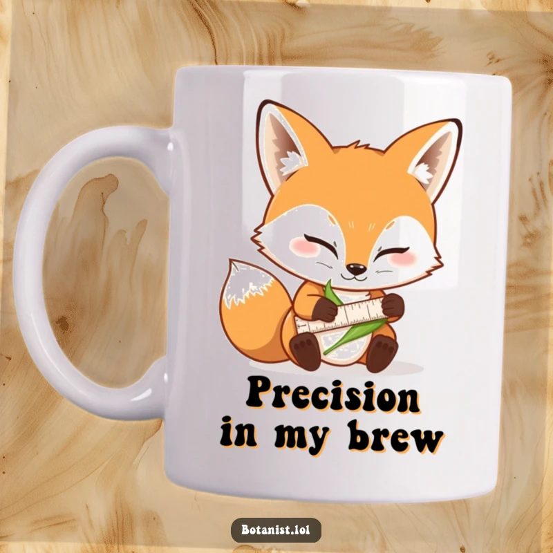 Funny fox mug with a determined expression, holding a tiny ruler and measuring a green leaf with focus.